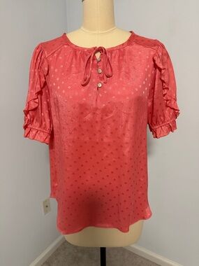 Chenault Women's Coral Polka Dot Tie-Neck Short Sleeve Top SZM